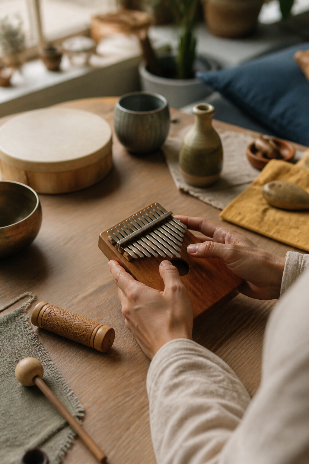 Hands using a wooden kalimba in a music therapy setting